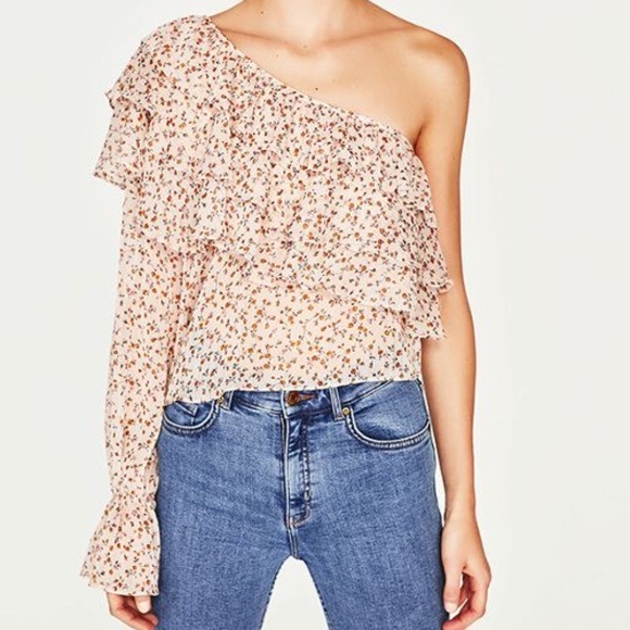 Zara One Shoulder Flounce Floral Top - Picture 3 of 4